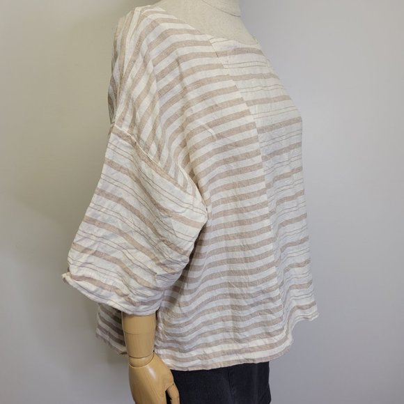 Pure J. Jill 100% Linen Boxy Oversized Lagenlook Ivory Beige Stripe Top Petite M - Picture 4 of 8